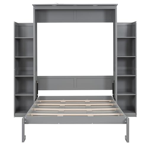Gray Full Size Wooden Murphy Bed with Shelves and LED Lights O37251