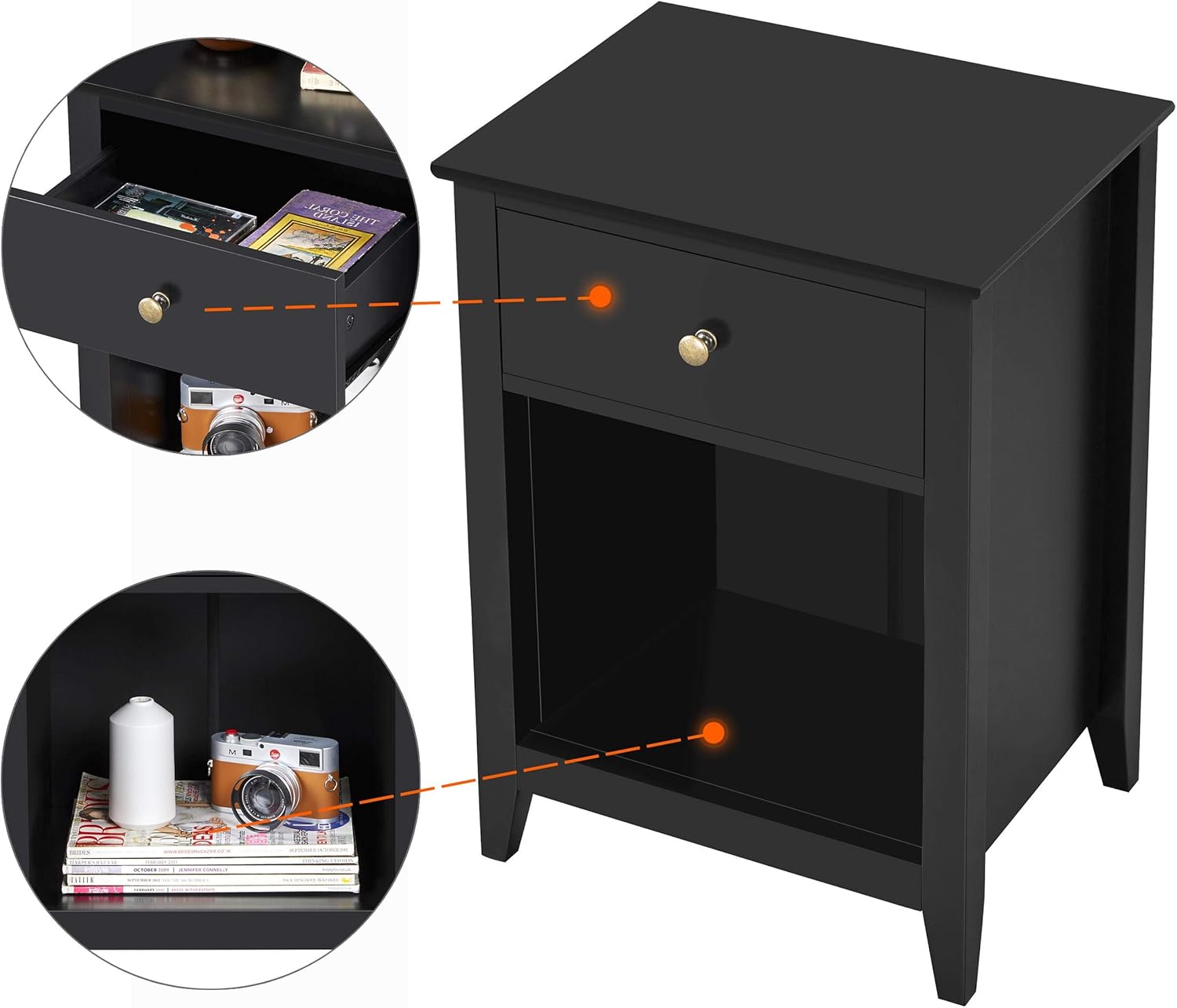 Black Wood Side End Table with Drawer and Open Storage Cabinet, Set of 2 O32378