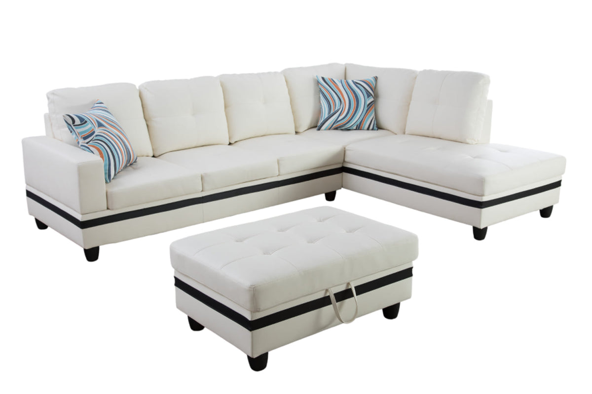 Black&White Leather Sectional Sofa Set with Storage Ottoman and Matching Pillows U499
