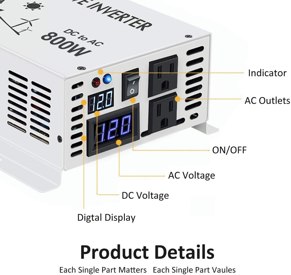 800w 12v 120v DC AC Power Inverter Converter Pure Sine Wave Z5774