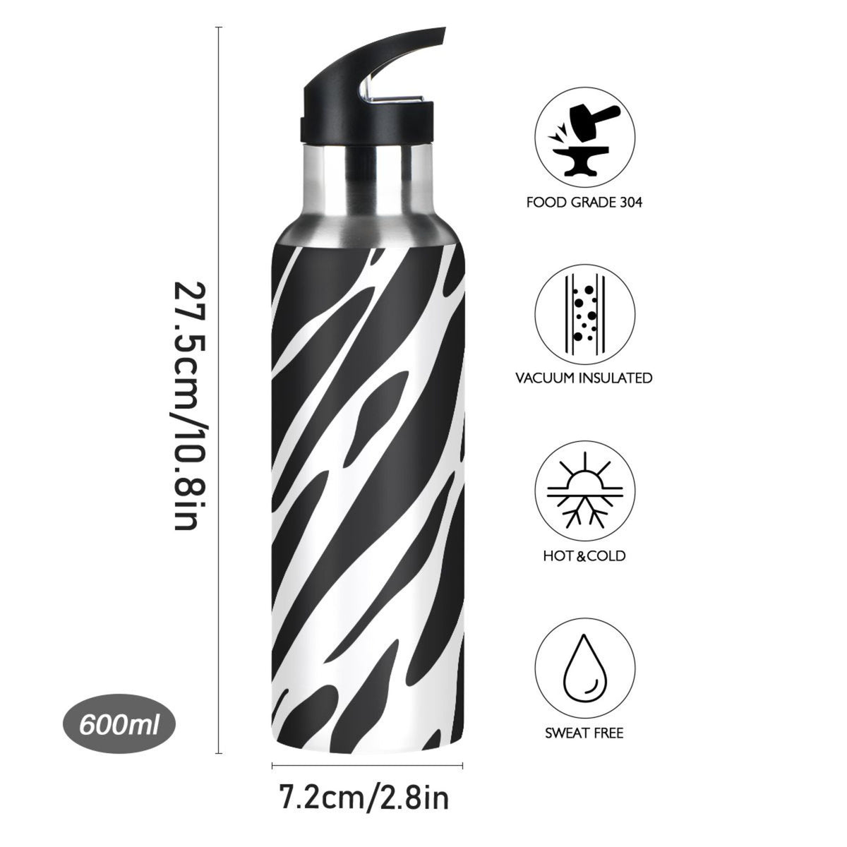Black and White Insulated Stainless Steel Water Bottle with Straw Lid 20 oz S77061