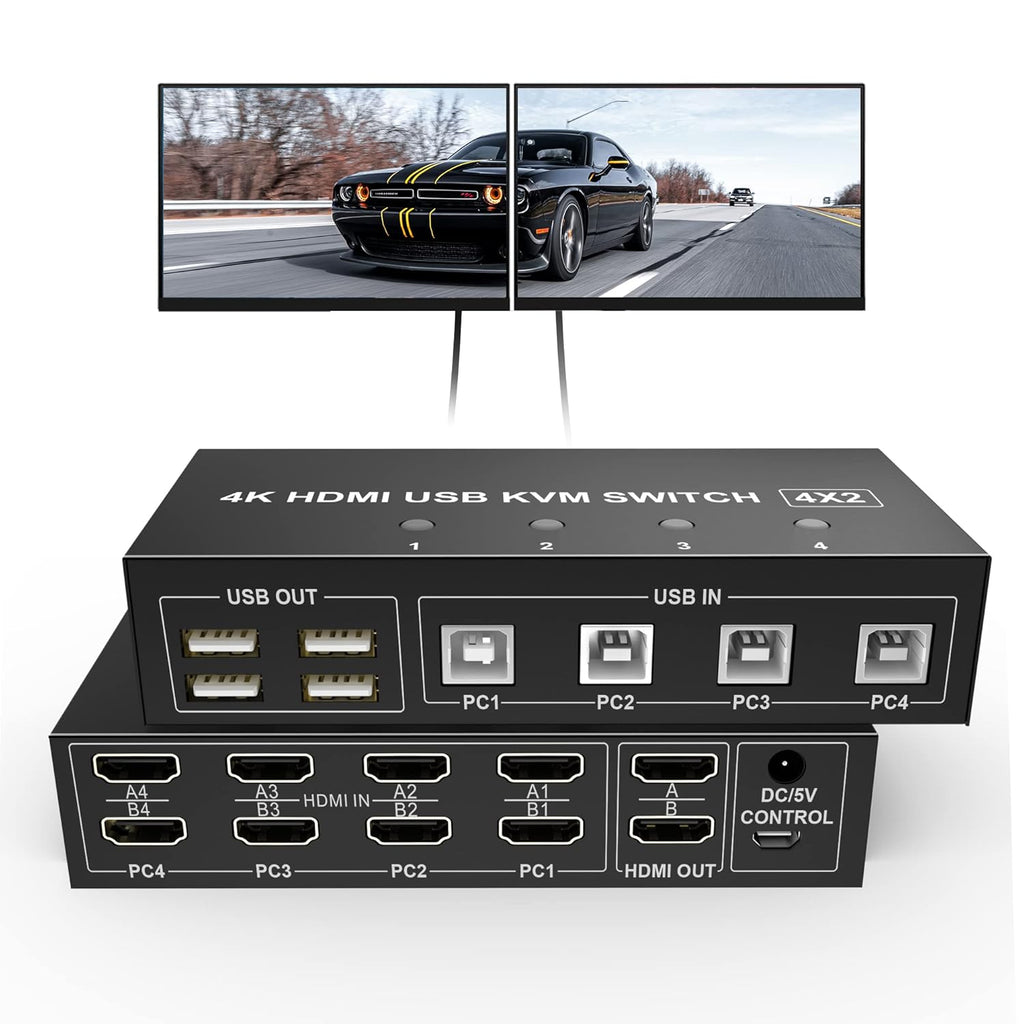 4 Port HDMI KVM Switch 4K@60Hz 4 in 2 Out B930