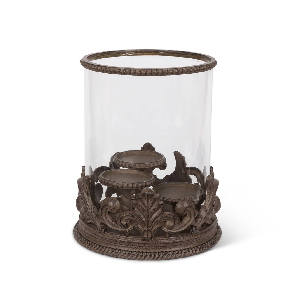 Metal Acanthus Triple Candle Holder with Glass Hurricane B5206