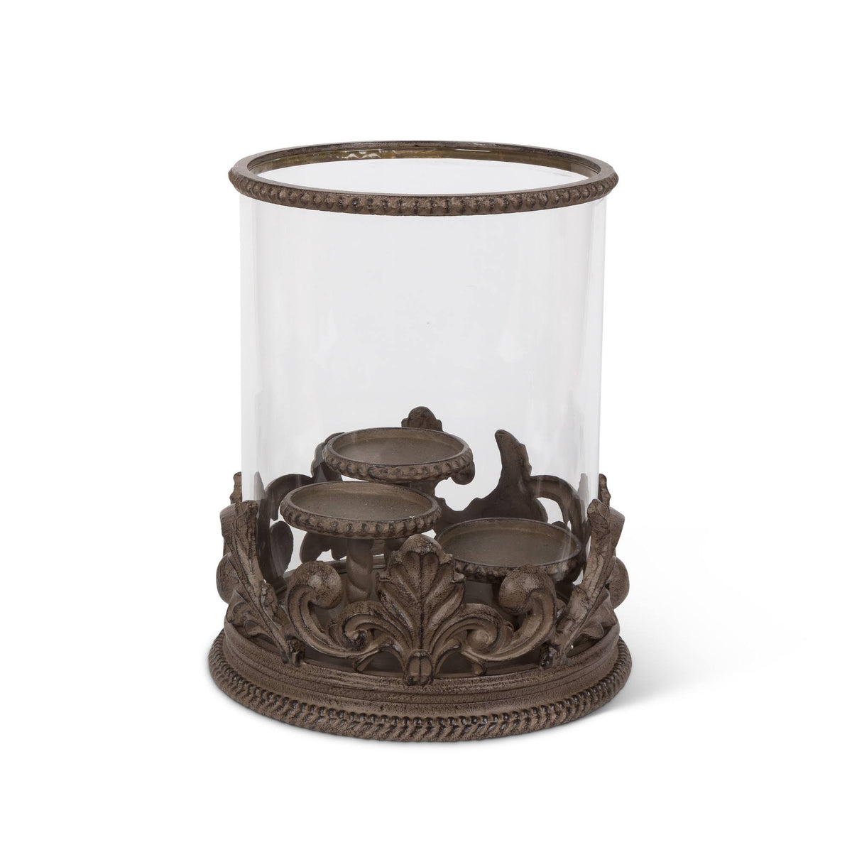 Metal Acanthus Triple Candle Holder with Glass Hurricane B5206