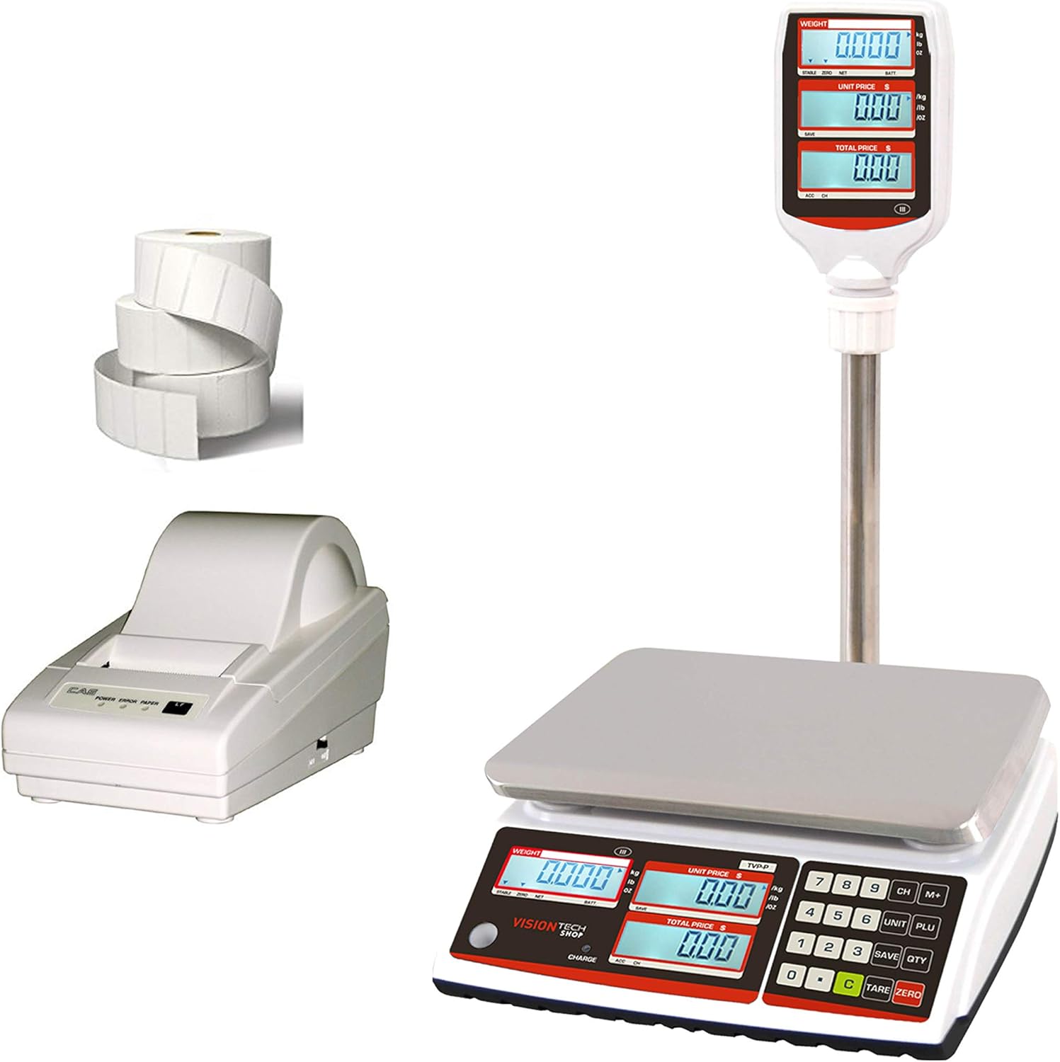 Price Computing Scale with Pole Display, 12lb Capacity, 0.002lb Readability, Thermal Label Printer, 1 Case of Labels M396854
