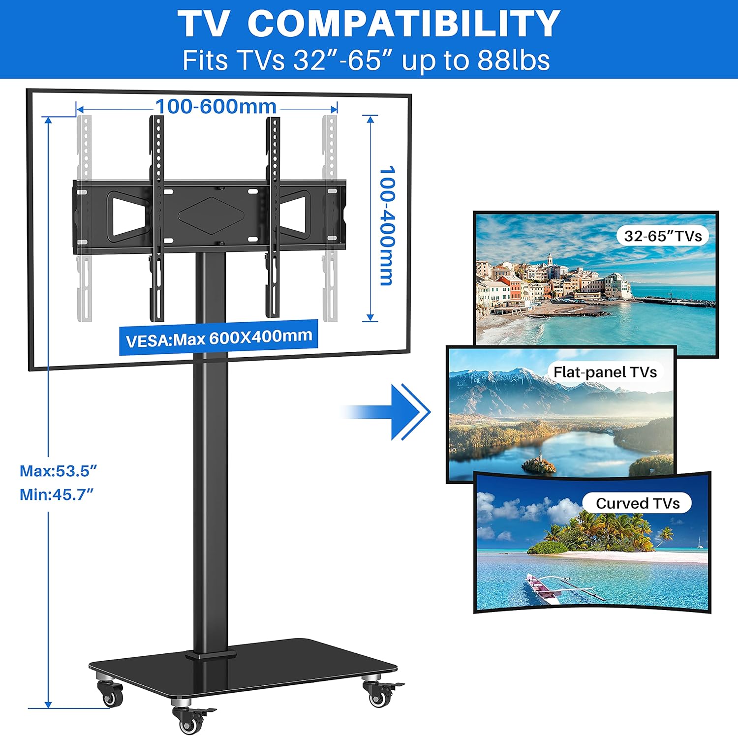 Mobile Tall TV Stand Rolling TV Cart with Wheels, Height Adjustable, Max VESA 600x400mm F884864