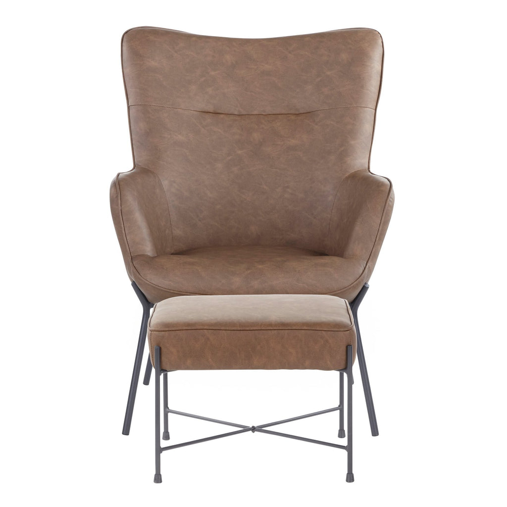 Industrial Lounge Chair and Ottoman Set in Black Metal and Espresso Faux Leather D2163