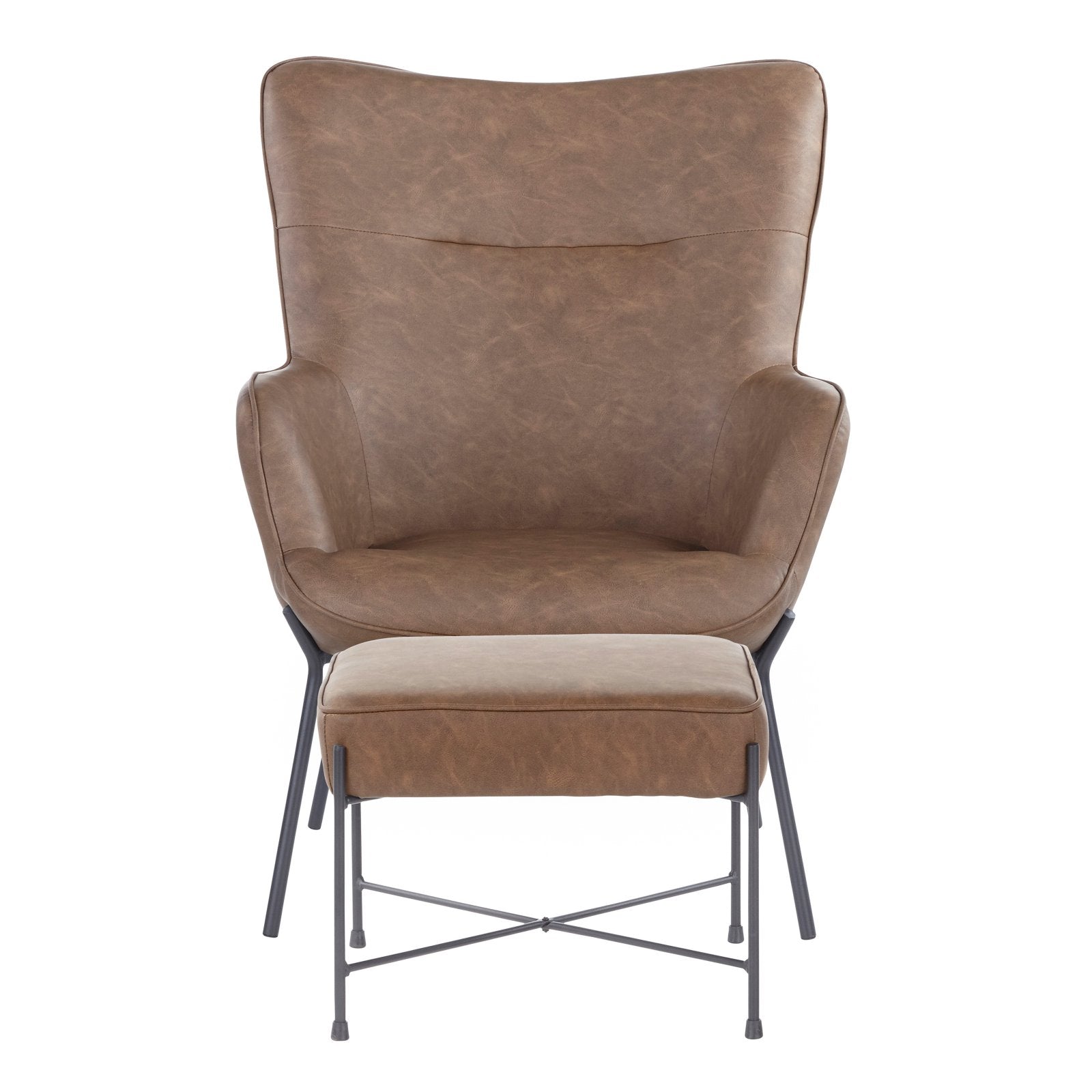 Industrial Lounge Chair and Ottoman Set in Black Metal and Espresso Faux Leather D2163