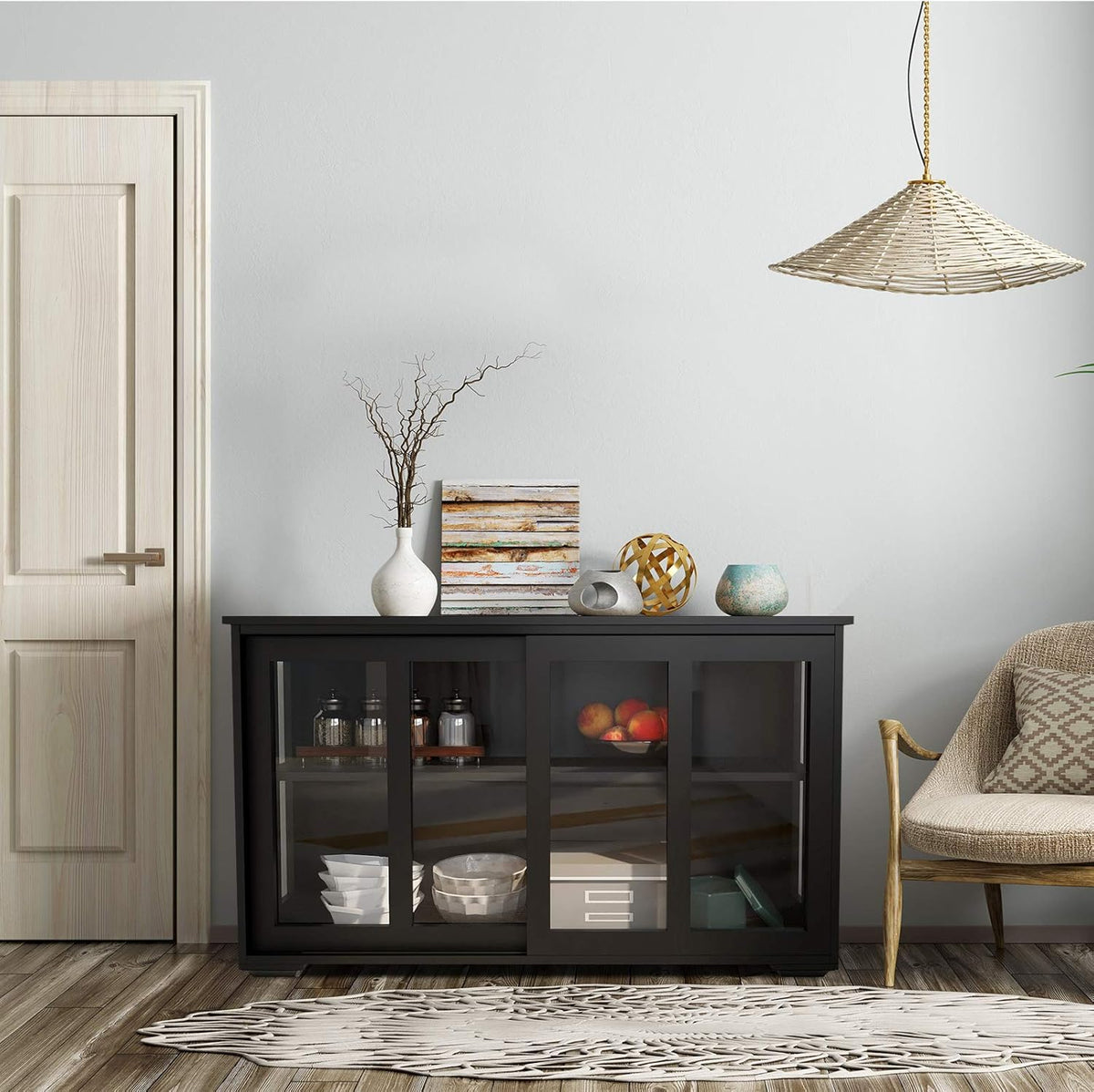 Antique Black Wooden Buffet Sideboard with Sliding Door and Adjustable Shelf M727