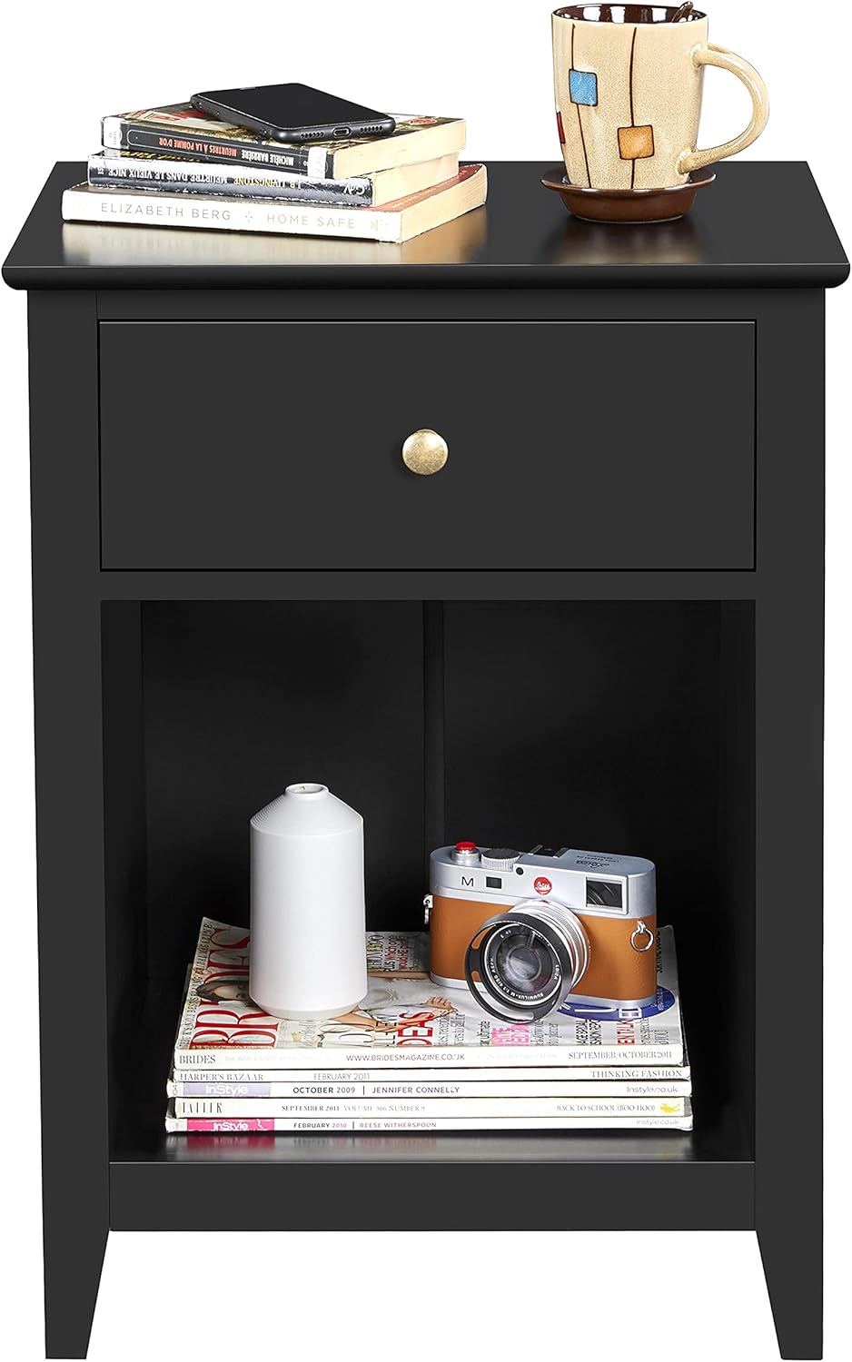 Black Wood Side End Table with Drawer and Open Storage Cabinet, Set of 2 O32378