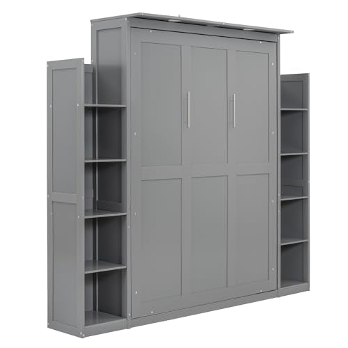 Gray Full Size Wooden Murphy Bed with Shelves and LED Lights O37251