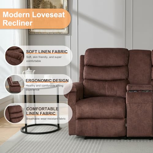 Grey Linen Manual Loveseat Recliner with Storage Console F3942