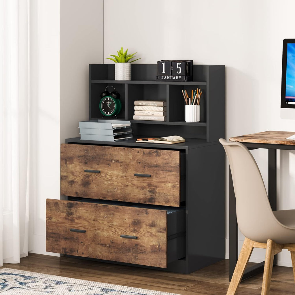 Black & Rustic Wood 2 Drawers Lateral File Cabinet with Storage Shelf W7576