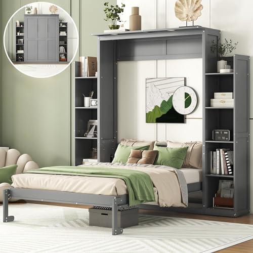 Gray Full Size Wooden Murphy Bed with Shelves and LED Lights O37251