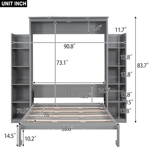 Gray Full Size Wooden Murphy Bed with Shelves and LED Lights O37251