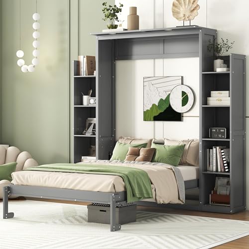 Gray Full Size Wooden Murphy Bed with Shelves and LED Lights O37251