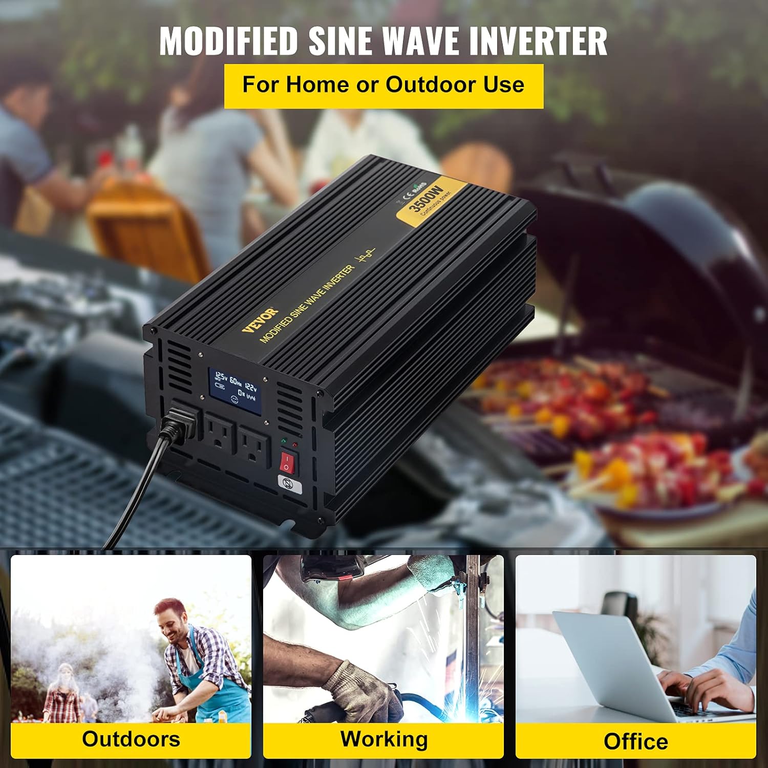 3500W Modified Sine Wave Power Inverter, DC 12V to AC 120V, with LCD Display and Remote Controller X56606