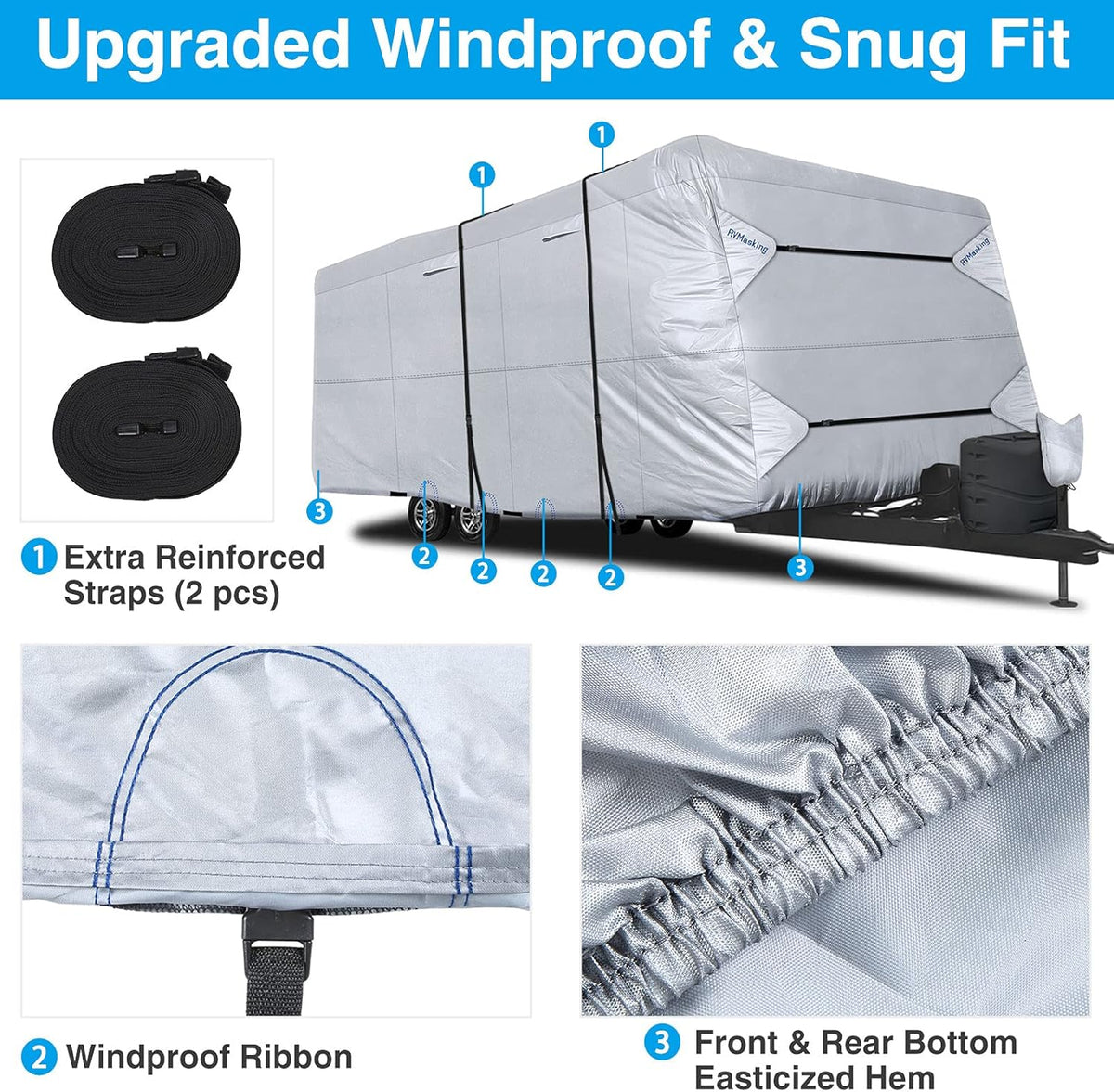 Rip-Stop RV Cover Windproof Waterproof Travel Trailer Cover Fits 18'1" - 20' Long with Gutter Covers T968