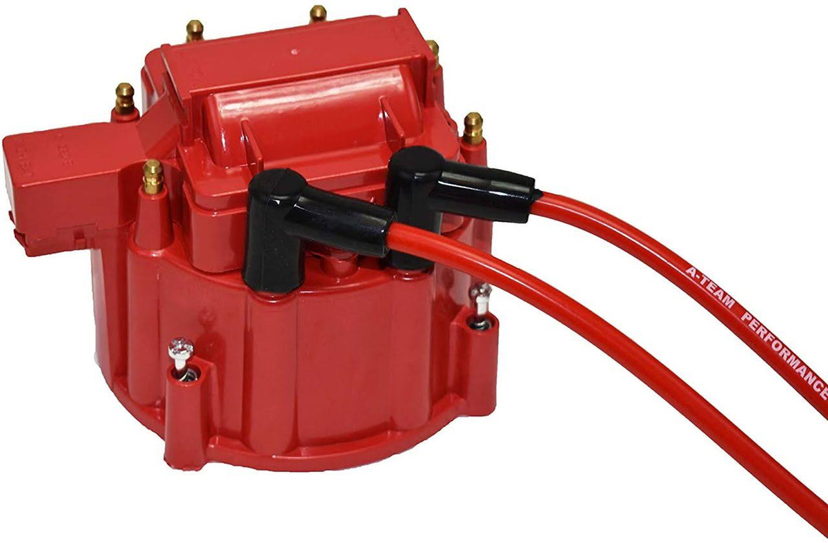 HEI Distributor 65K Coil Complete with 8mm Red Silicone Spark Plug Wires and Battery-Pigtail Harness Kit X245782