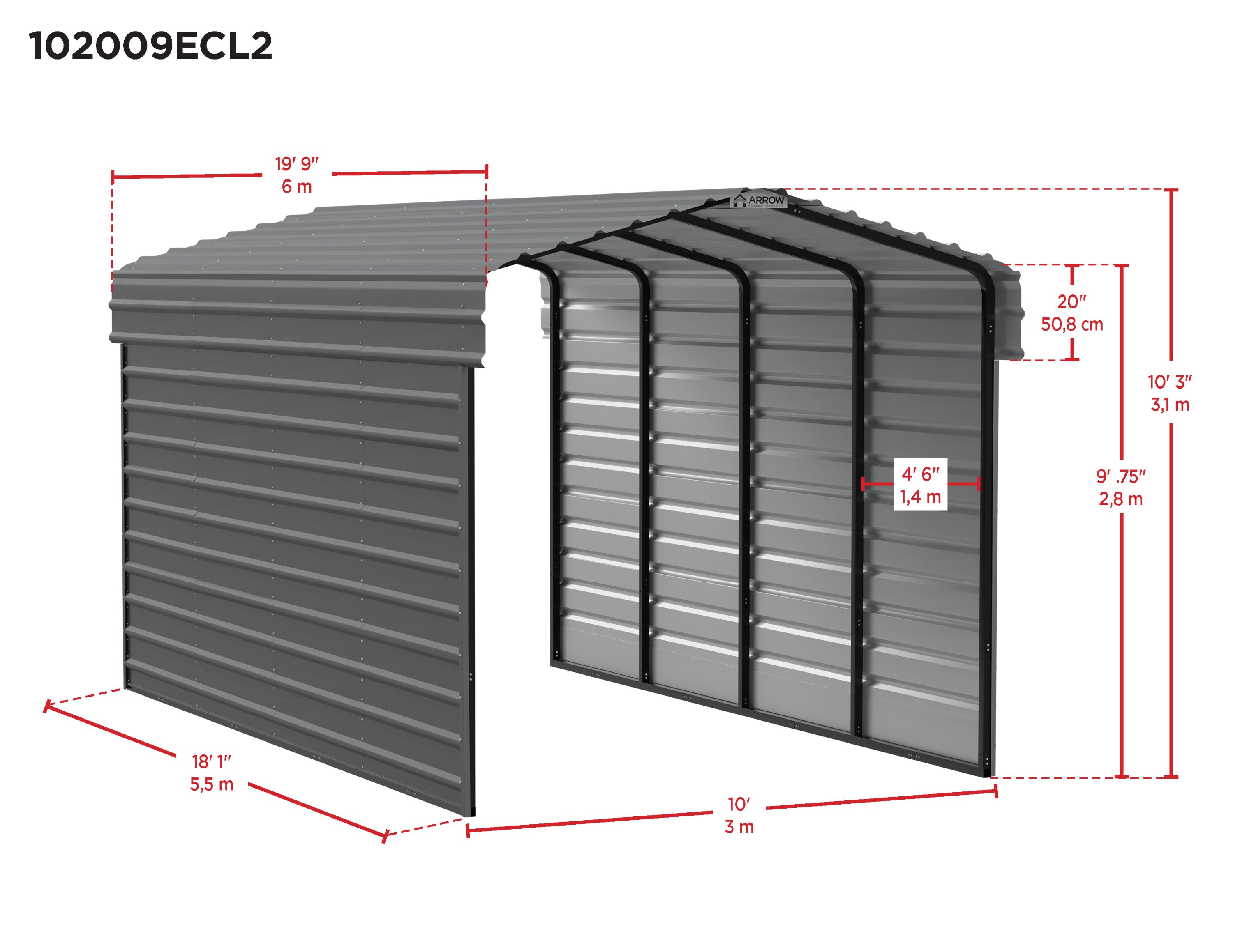 Galvanized Steel Carport Kit, 10' x 20' x 9' F33668