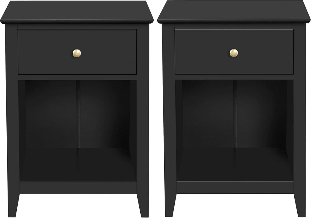 Black Wood Side End Table with Drawer and Open Storage Cabinet, Set of 2 O32378