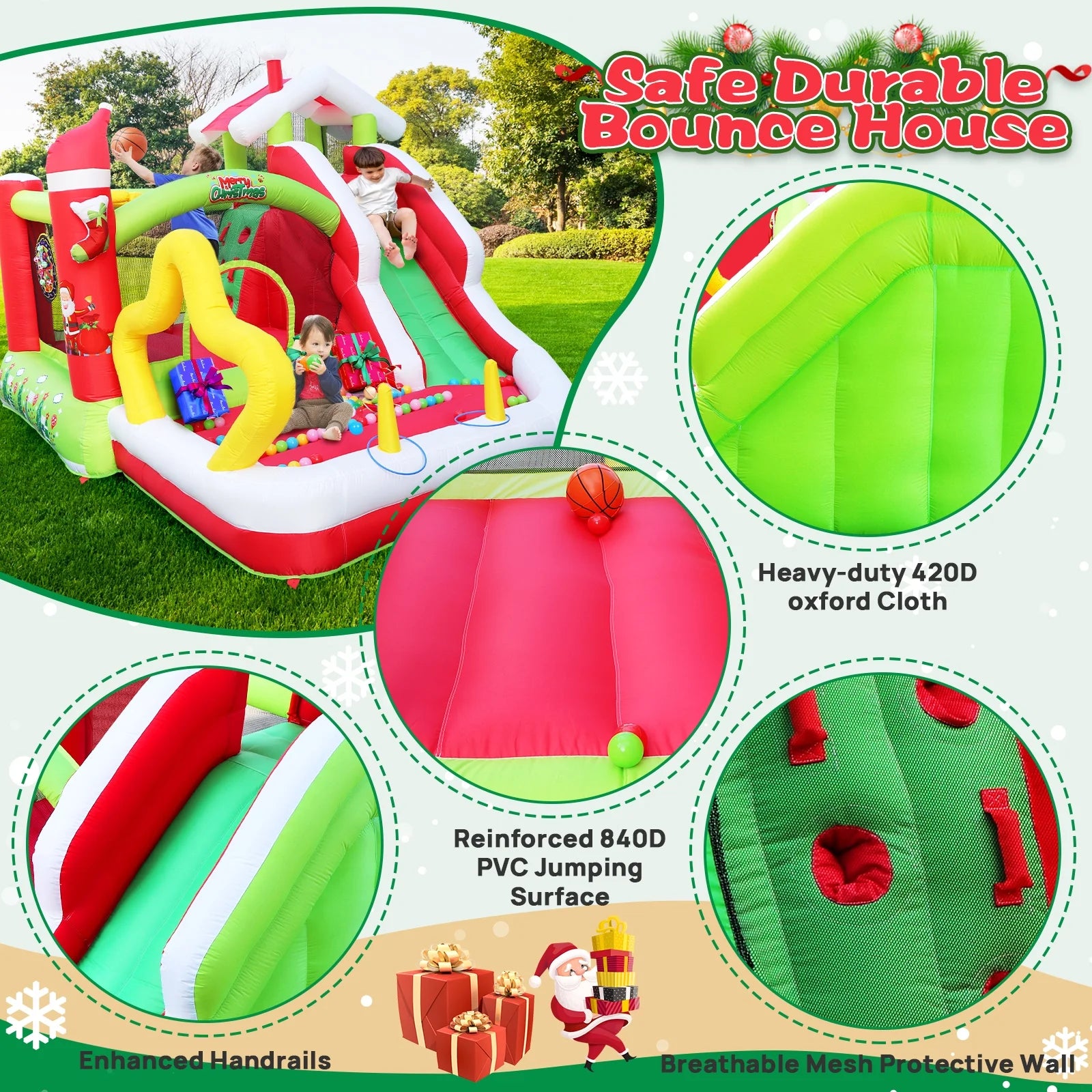 Christmas Jump 'n Slide Inflatable Bouncer with Blower, 130x108x92 inch B879