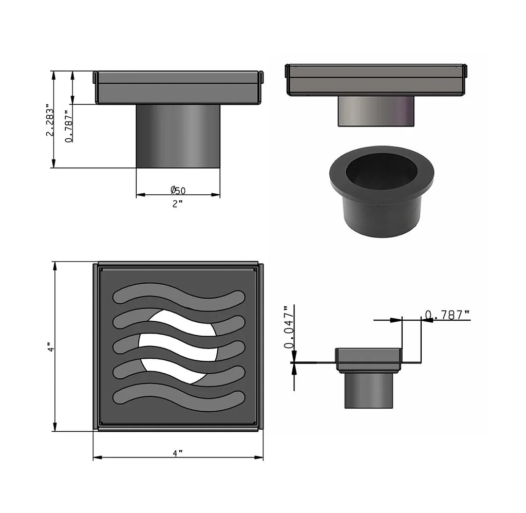 Square Shower Drain 304 Stainless Steel 4 Inch Grate with Hair Catcher M191919