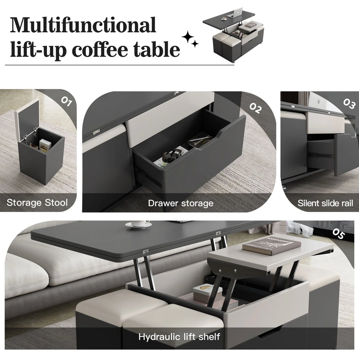 3 in-1 Lift Top Coffee Table with 4 PU Stools E8266