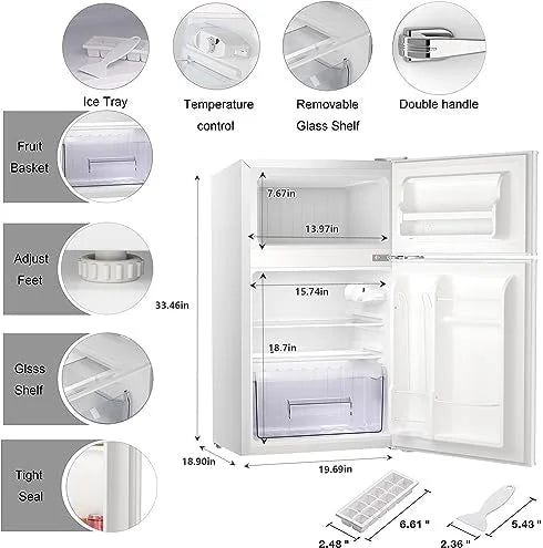 Mini Refrigerator 3.2Cu.Ft Compact Fridge Double Doors Freezer Grey T87580