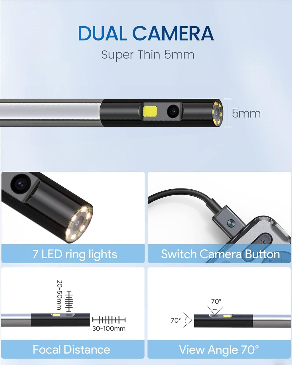 Dual Lens Borescope with LED Light, 5 IPS Screen, 5mm, 16.4 Flexible Cable I87712