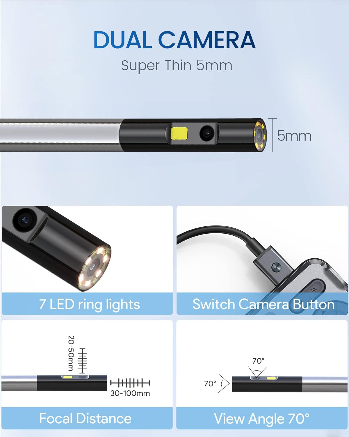 Dual Lens Borescope with LED Light, 5 IPS Screen, 5mm, 16.4 Flexible Cable I87712
