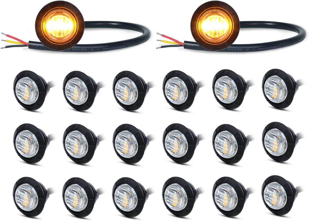 Pack of 20 3/4 Inch Round Clear Lens Amber 3 Diodes Side Marker Lights 12V DC H626444