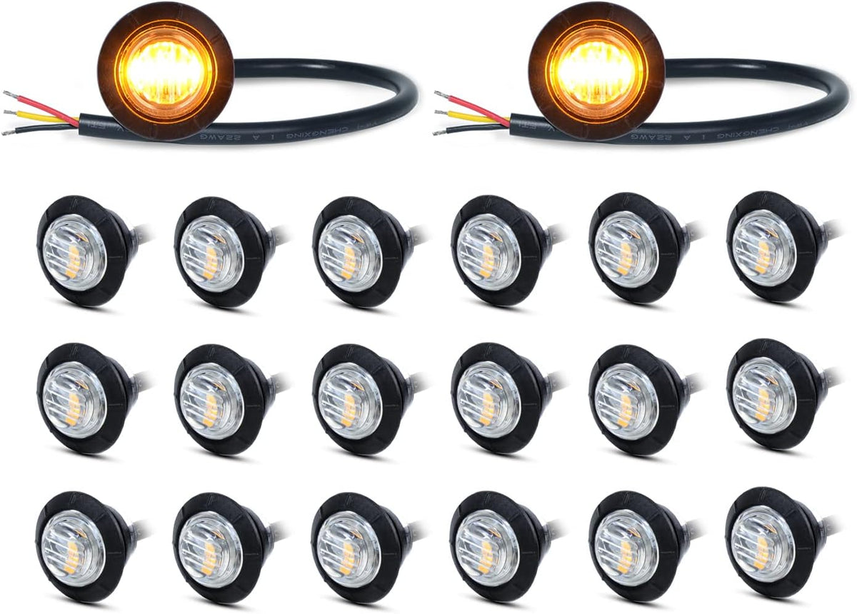 Pack of 20 3/4 Inch Round Clear Lens Amber 3 Diodes Side Marker Lights 12V DC H626444
