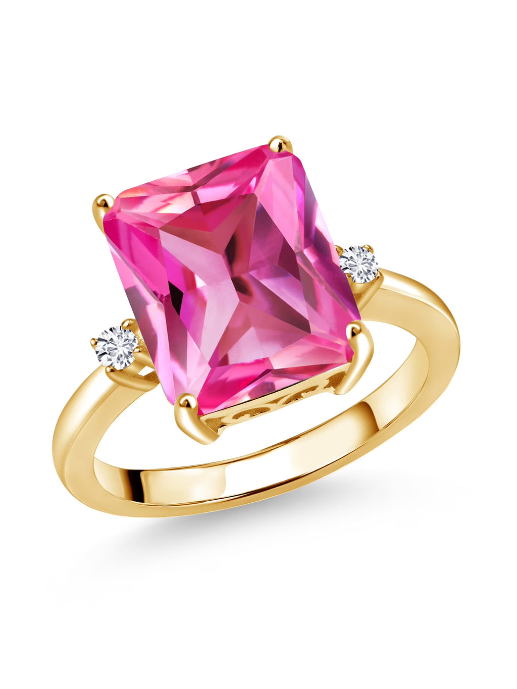 18K Yellow Gold Plated Silver 12X10MM Pink Created Sapphire and 2MM White Diamond 3 Stone Engagement Ring W71308