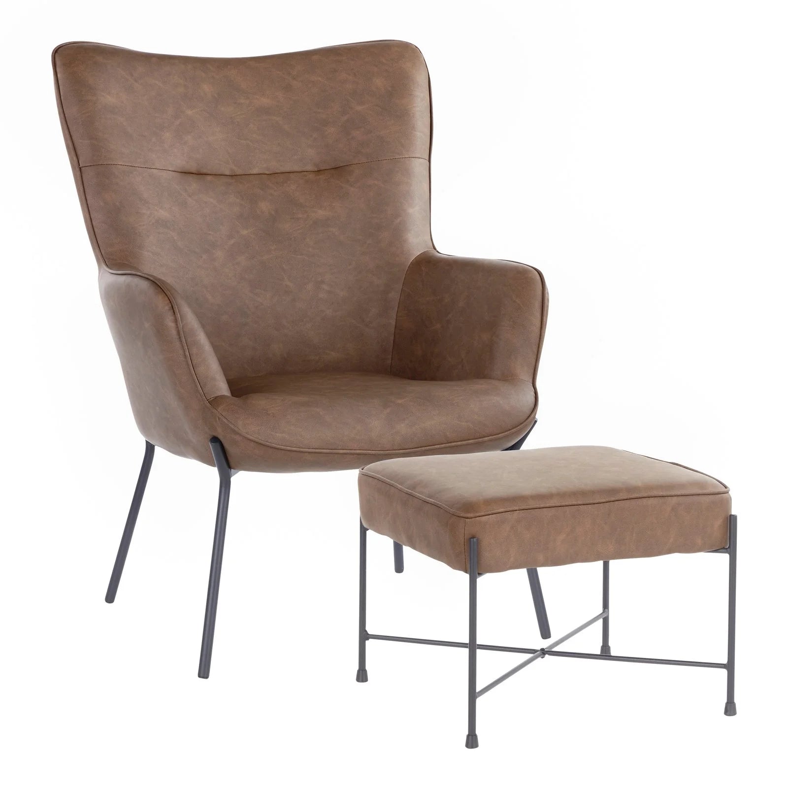 Industrial Lounge Chair and Ottoman Set in Black Metal and Espresso Faux Leather D2163