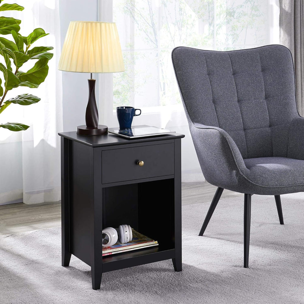 Black Wood Side End Table with Drawer and Open Storage Cabinet, Set of 2 O32378