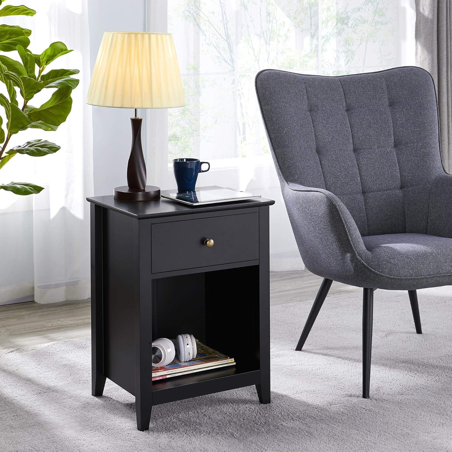 Black Wood Side End Table with Drawer and Open Storage Cabinet, Set of 2 O32378