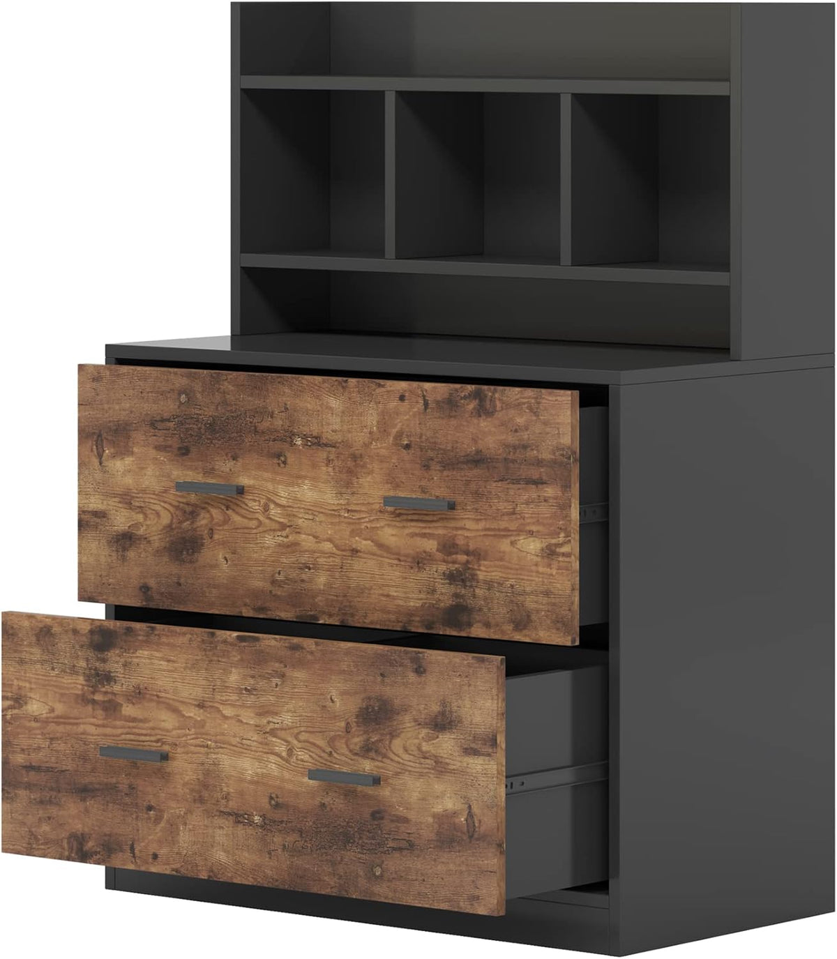 Black & Rustic Wood 2 Drawers Lateral File Cabinet with Storage Shelf W7576
