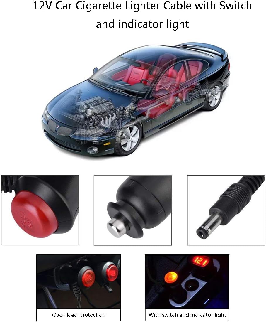 DC 5.5x2.1mm Car Charger 12V 24V Cigarette Lighter Power Supply Adapter Cable with Switch Button F8928