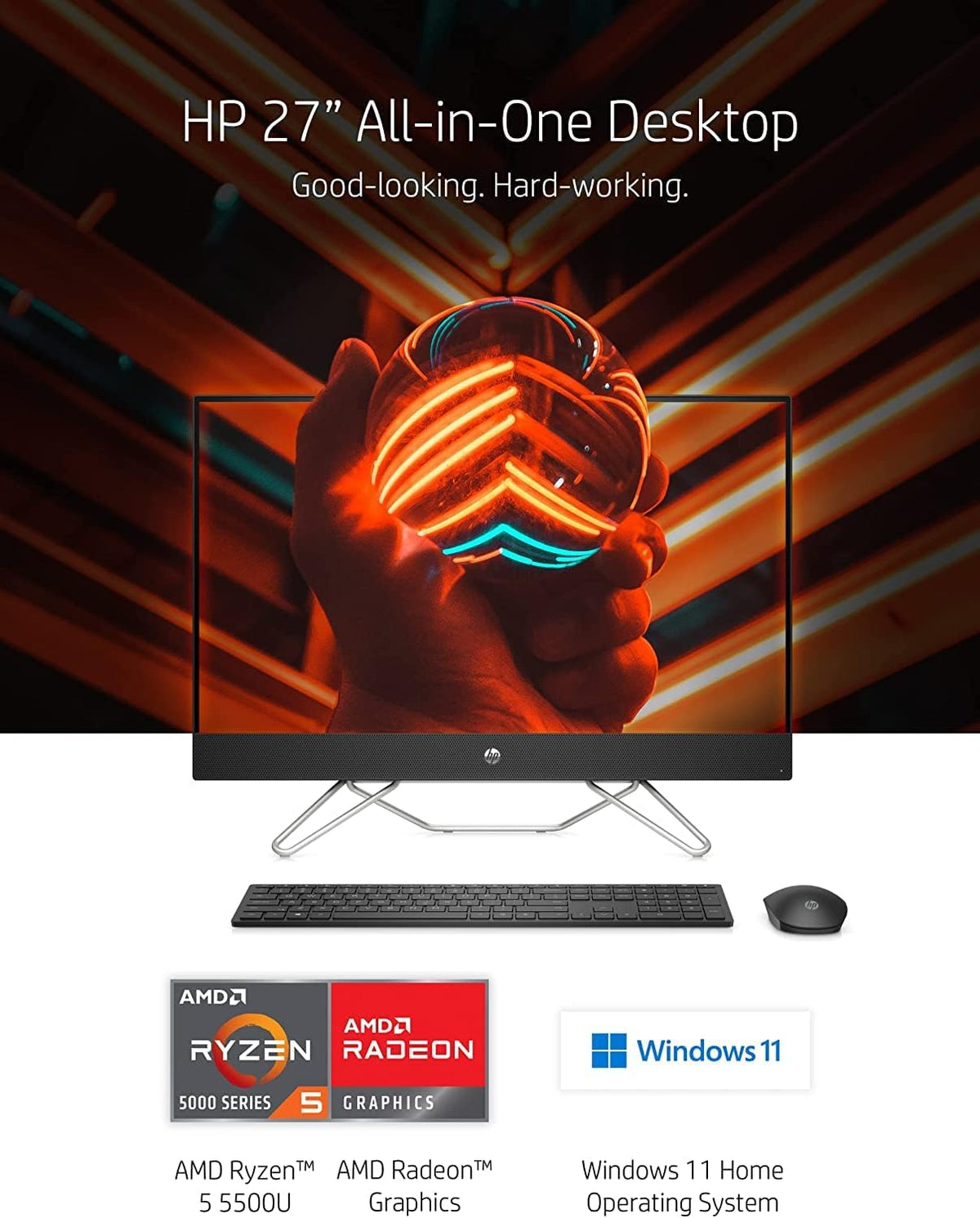 27" FHD All-in-One Desktop, AMD Ryzen 5 5500U, 8GB RAM, 256GB SSD+1TB HDD, Windows 11 Home, Black Q936450