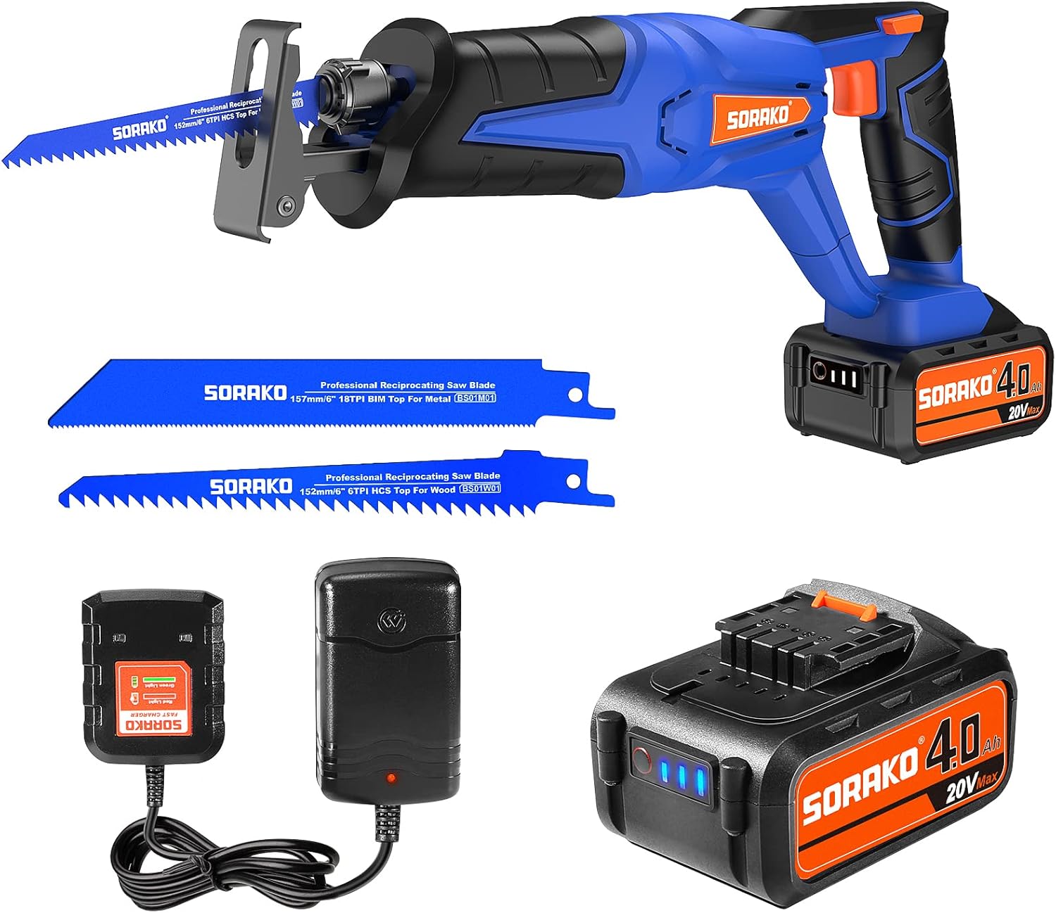 Cordless Reciprocating Saw with 4.0Ah Battery and Charger, 2 Blades A2576