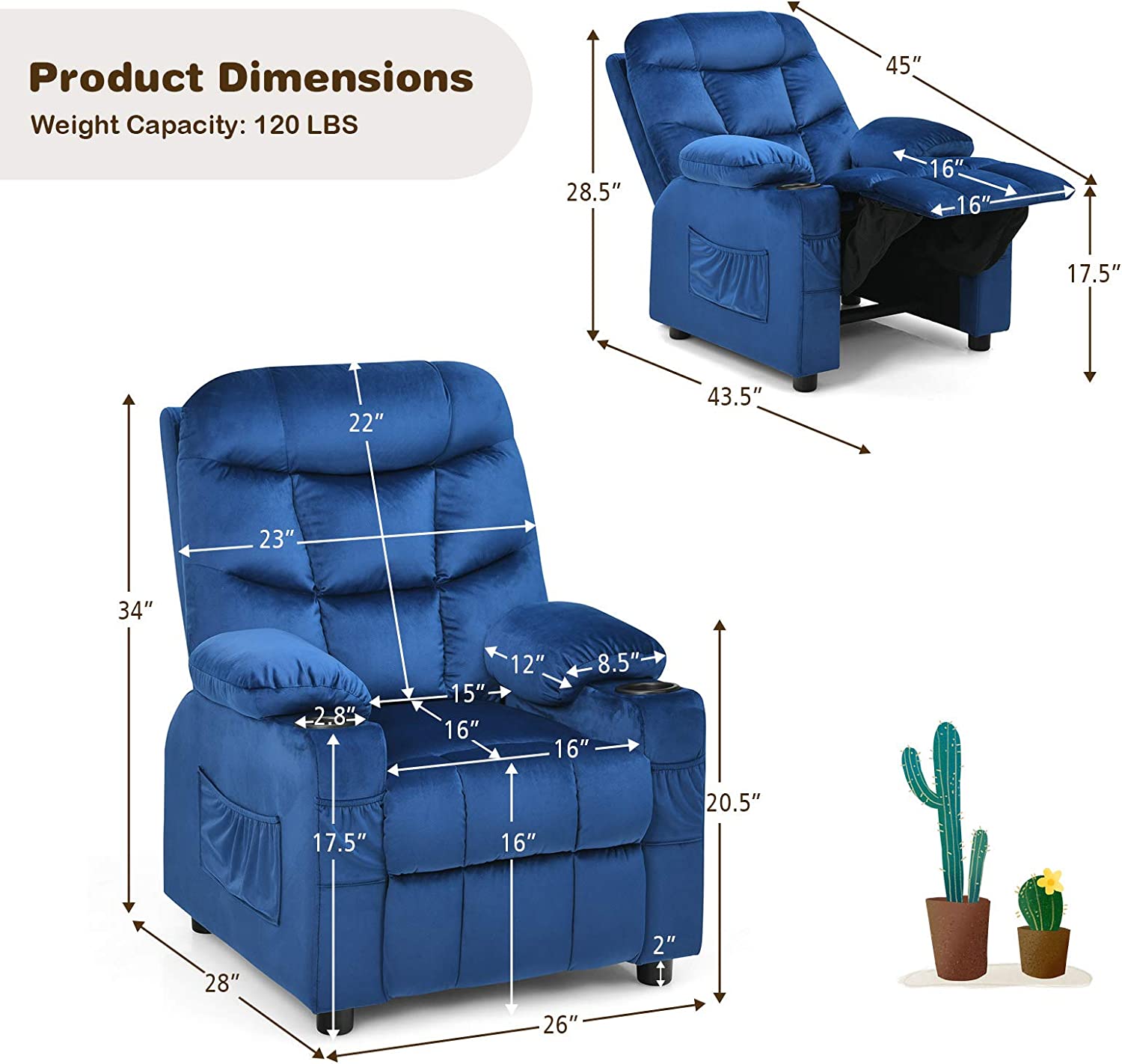 Rose Velvet Kids Recliner Chair with Cup Holder U782