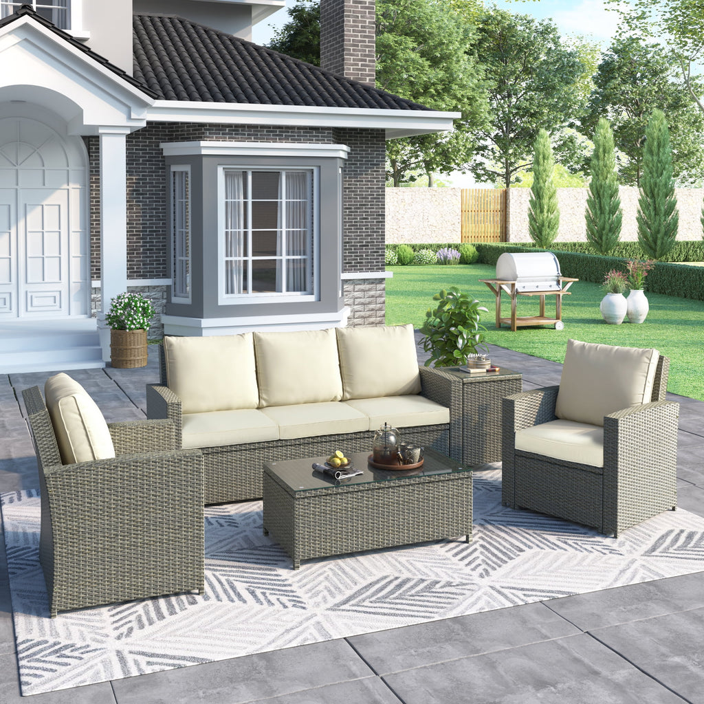 5 Piece Rattan Sectional Seating Group with Cushions and Table W449907