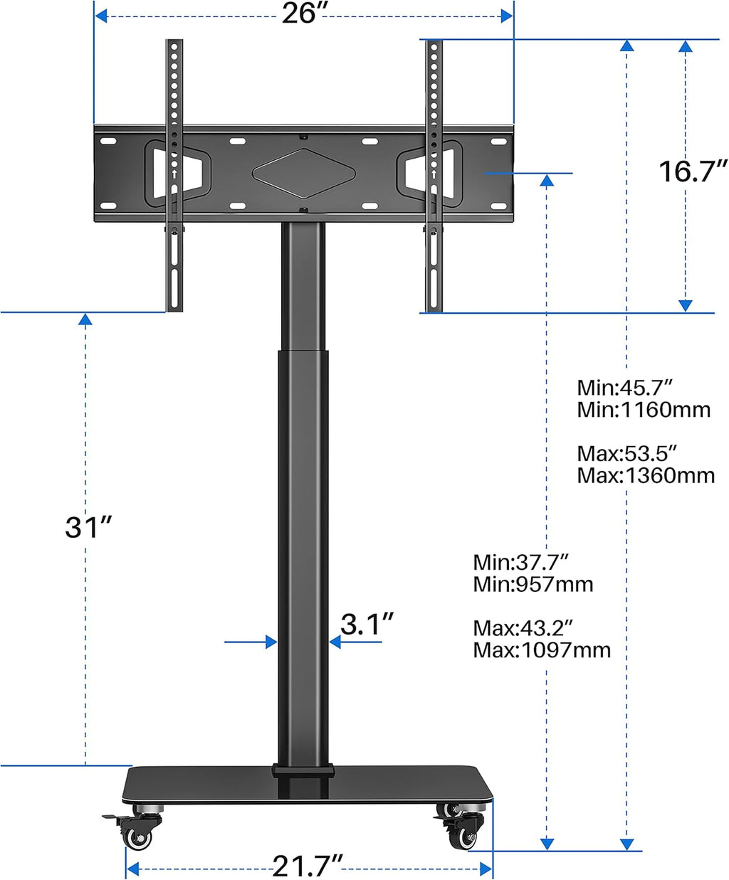 Mobile Tall TV Stand Rolling TV Cart with Wheels, Height Adjustable, Max VESA 600x400mm F884864