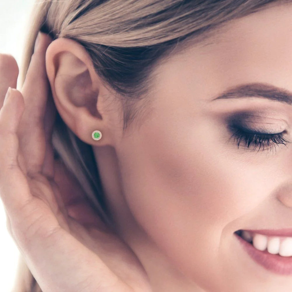 Green Simulated Diamond Halo Stud Earrings 18K Rose Gold Screw Back F6056
