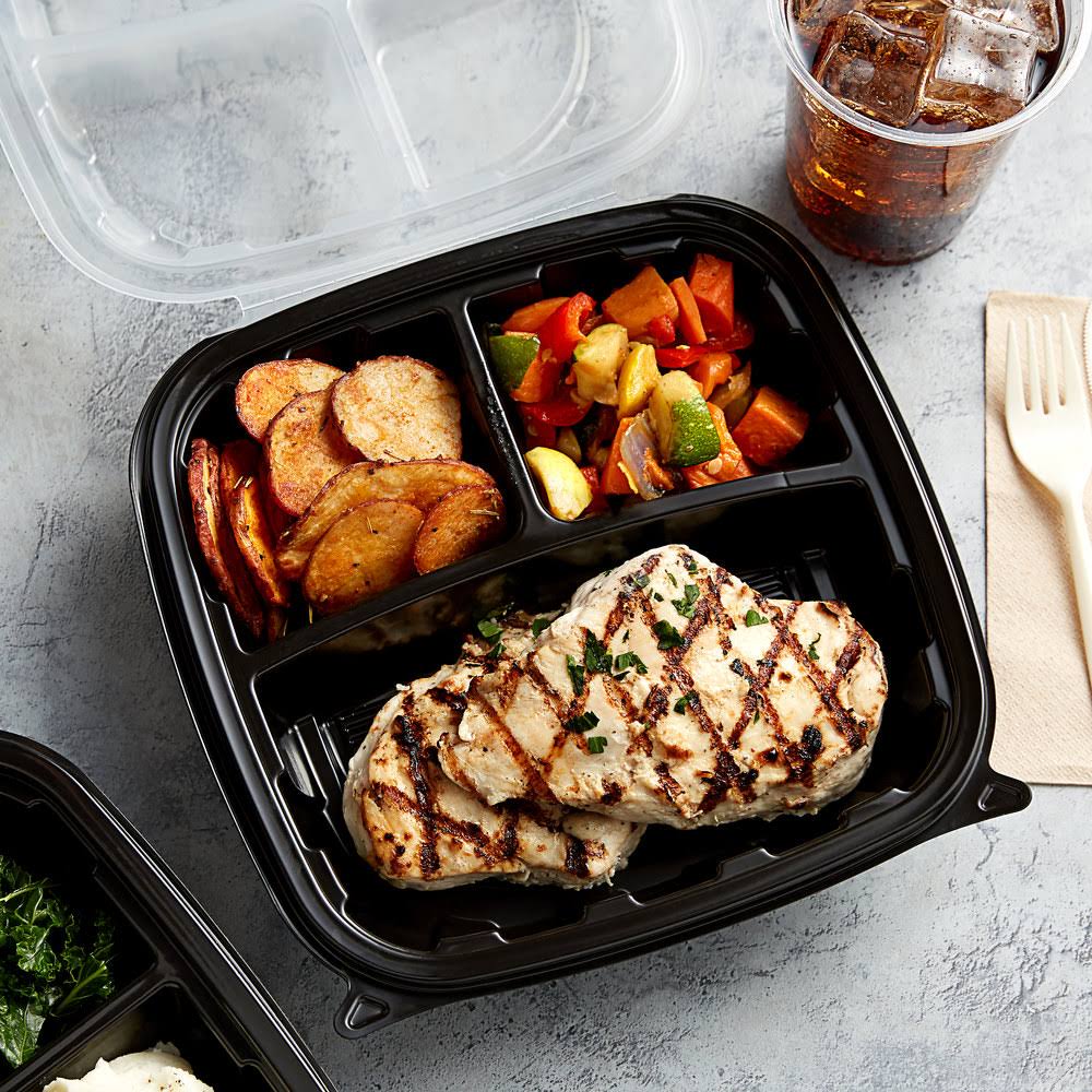 Black Base Clear Lid 3-Compartment Hinged Square Container R320048