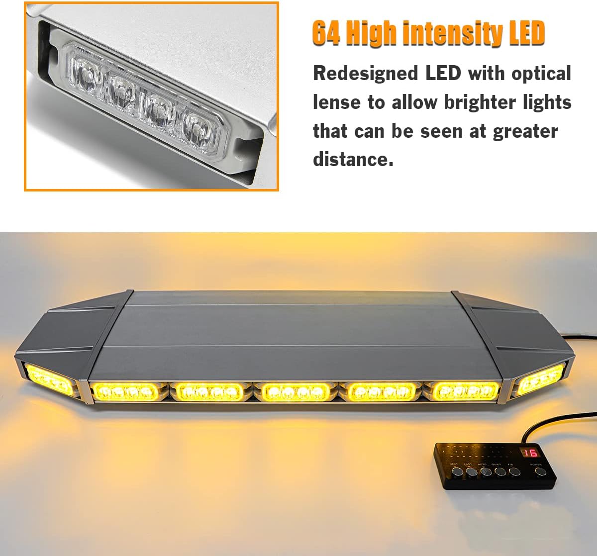 27" Waterproof Amber/Yellow Warning Strobe 64 LED Light Bar with Magnetic Bases P837