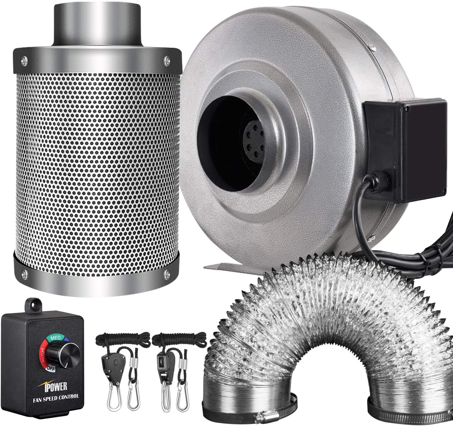 4 Inch 190 CFM Inline Fan Carbon Filter 8 Feet Ducting Combo with Variable Speed Controller and Rope Hanger G906786