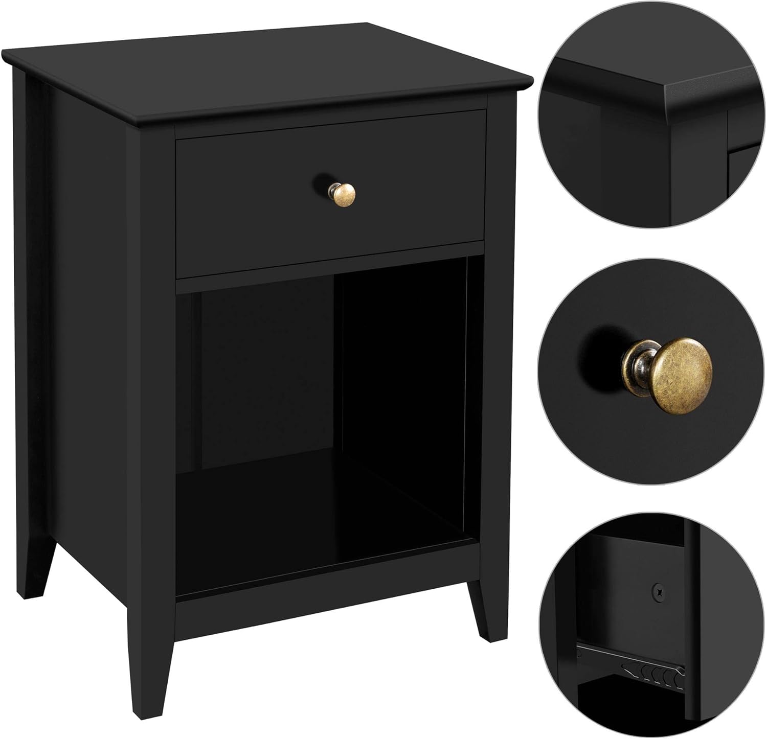 Black Wood Side End Table with Drawer and Open Storage Cabinet, Set of 2 O32378