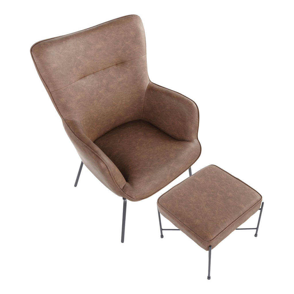 Industrial Lounge Chair and Ottoman Set in Black Metal and Espresso Faux Leather D2163